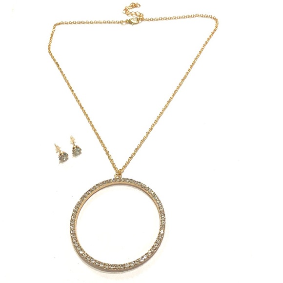 Circle Of Life Necklace Earrings Set Gold Tone Clear Sparkling Rhinestone - Picture 7 of 7